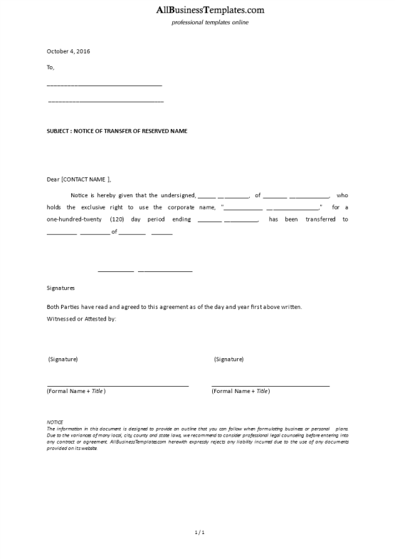 template preview imageNotice Of Transfer Of Reserved Name