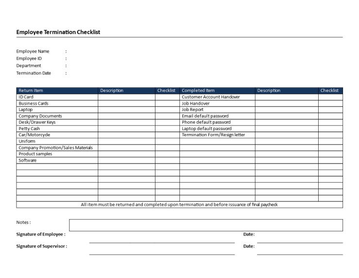 Employee Termination Checklist landscape formatted template gratis en premium templates