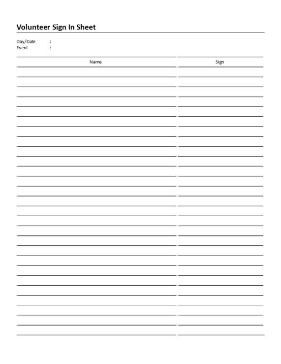 Volunteer Sign In Sheet charity event gratis en premium templates