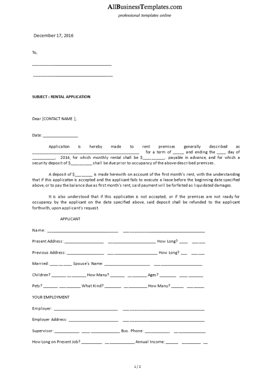 Rental Application Letter sample gratis en premium templates