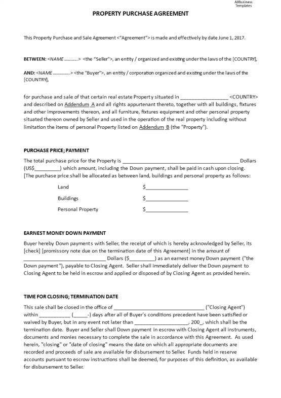 Property Purchase Agreement gratis en premium templates