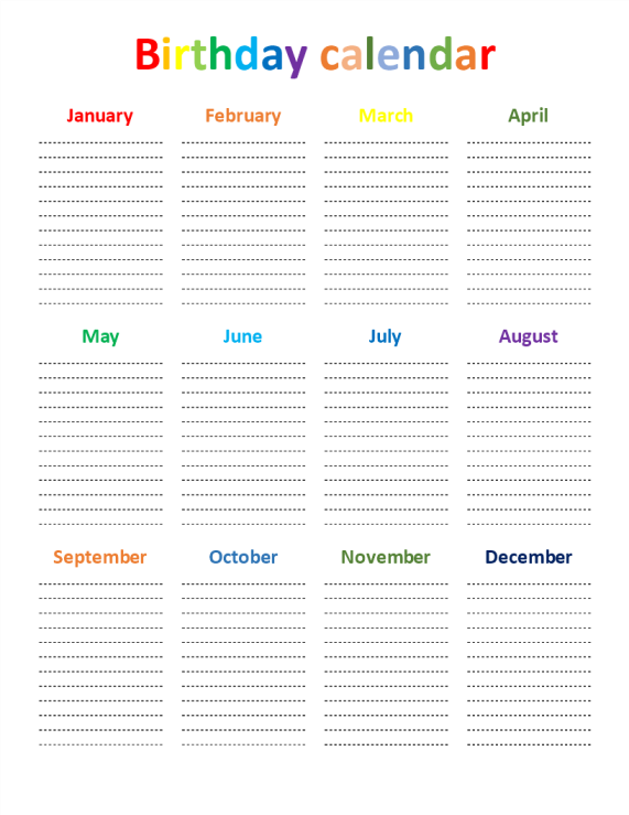 Birthday calendar rainbow color chart gratis en premium templates