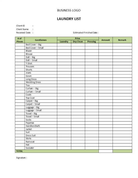 Hotel Laundry Service Price List