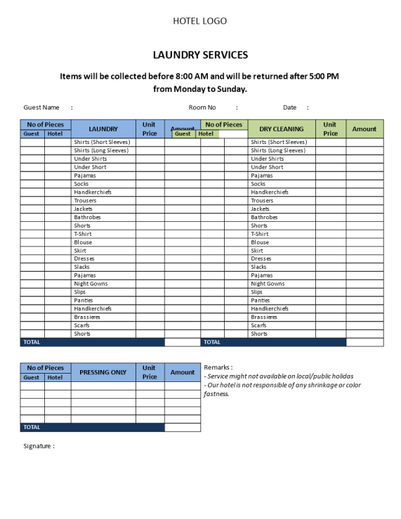 template topic preview image Hotel Laundry  Services Price List