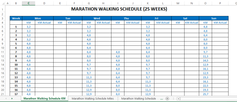 template preview imageMarathon Running Schedule (in Kilometers)