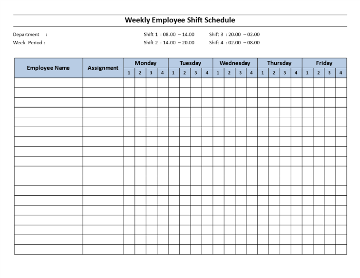 Weekly Employee shiff schedule Mon to Fri 4 Shift gratis en premium templates