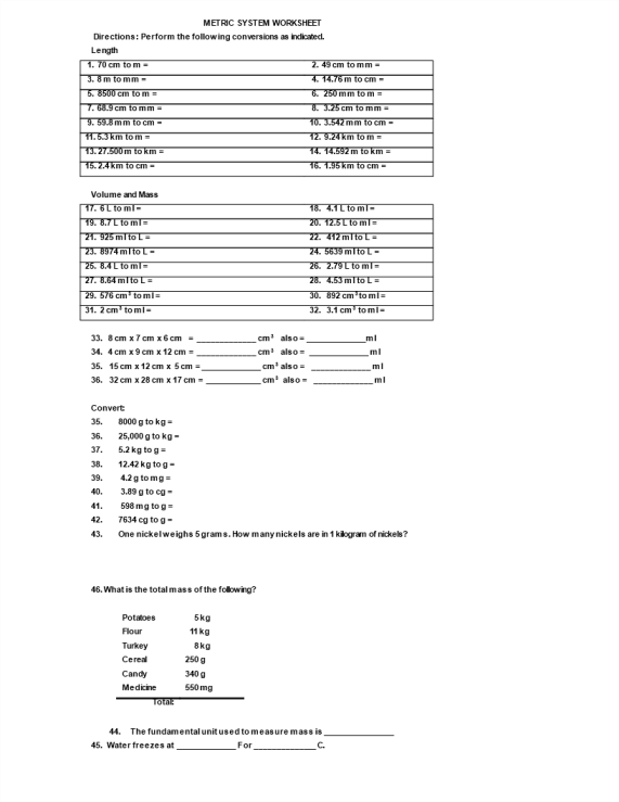 template topic preview image Metric System Worksheet