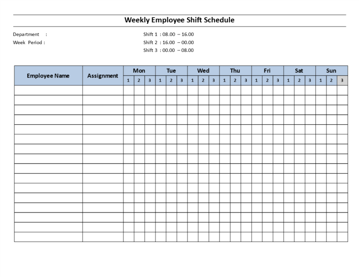 Weekly employee 8 hour shift schedule Mon to Sun gratis en premium templates