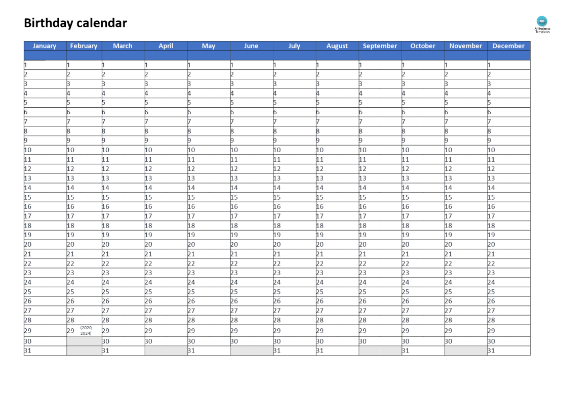 template topic preview image Birthday calendar landscape A3