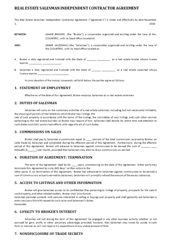 Real Estate Salesman Independent Contractor Agreement gratis en premium templates