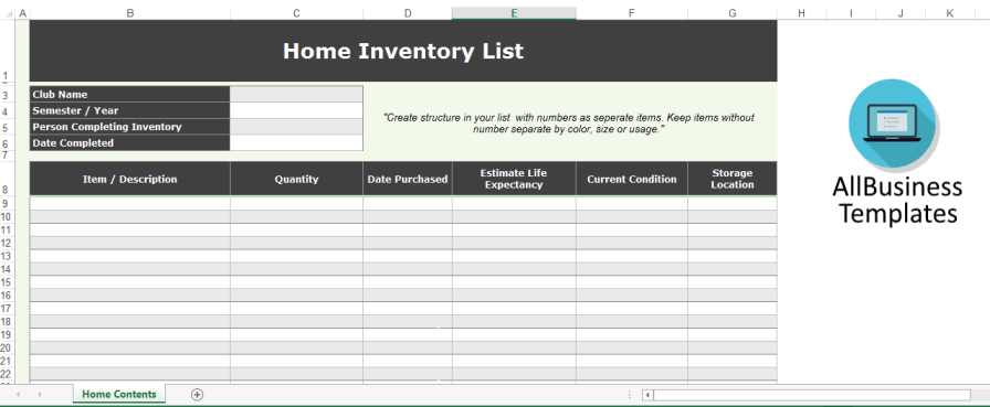 Home Contents Inventory List gratis en premium templates