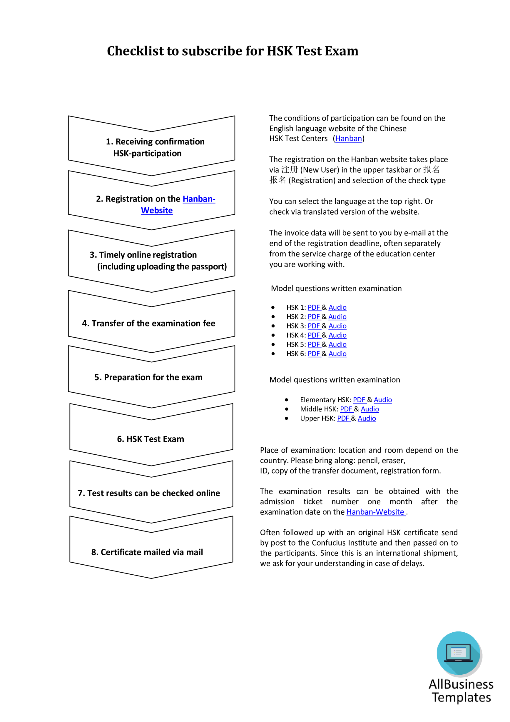 HSK Test Exam checklist gratis en premium templates