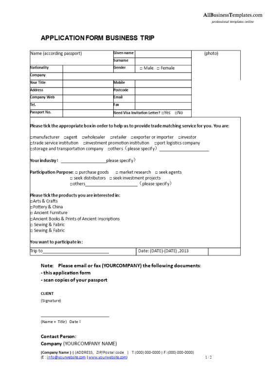 Business Trip Application Form gratis en premium templates