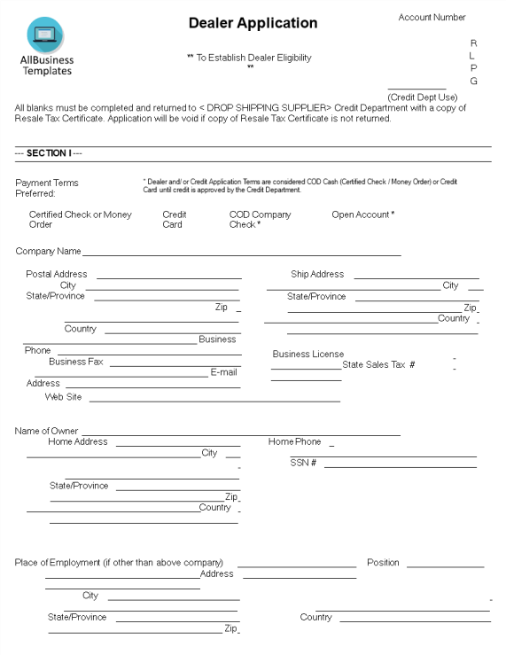 image Drop Shipping Dealer Application Form