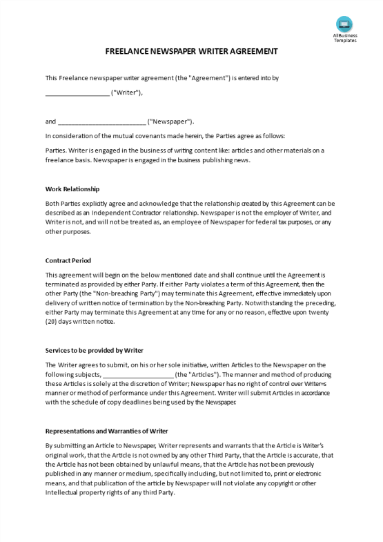 Freelance Writer Newspaper articles Agreement gratis en premium templates