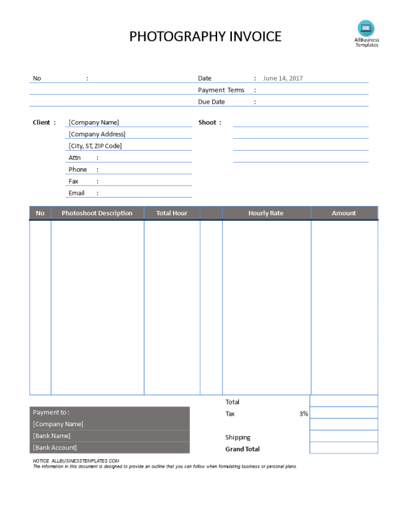 template topic preview image Photography Invoice hourly rate