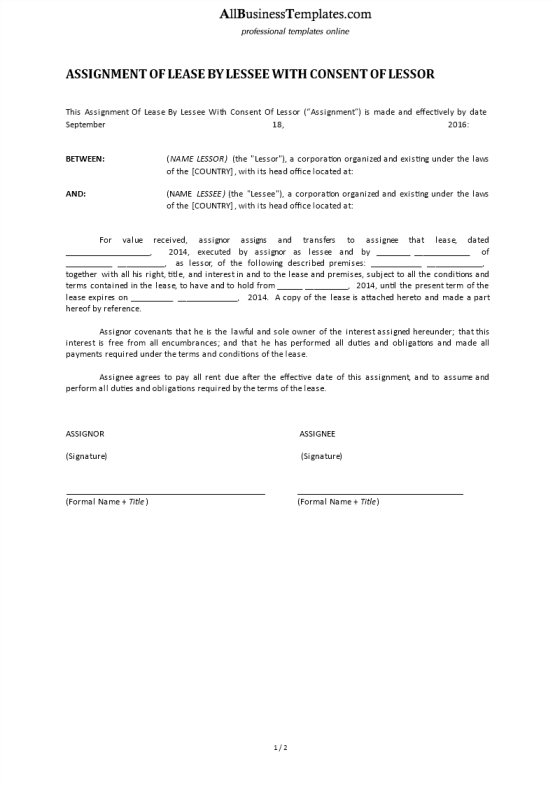 Assignment Of Lease By Lessee gratis en premium templates