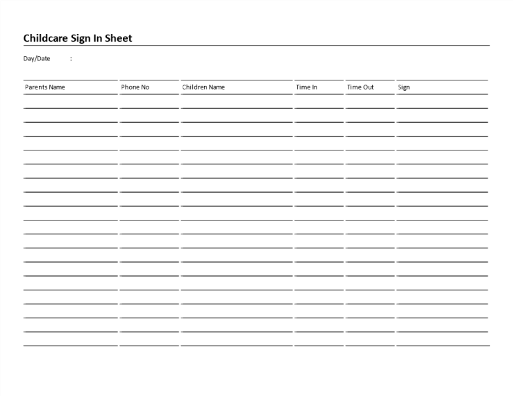 template topic preview image Childcare Sign-In Sheet 6 Columns landscape