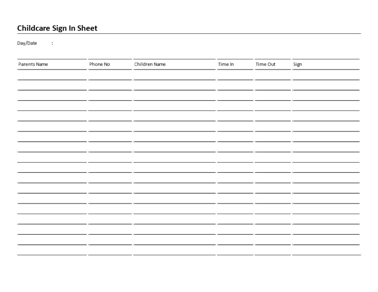 Childcare Sign-In Sheet 6 Columns landscape gratis en premium templates