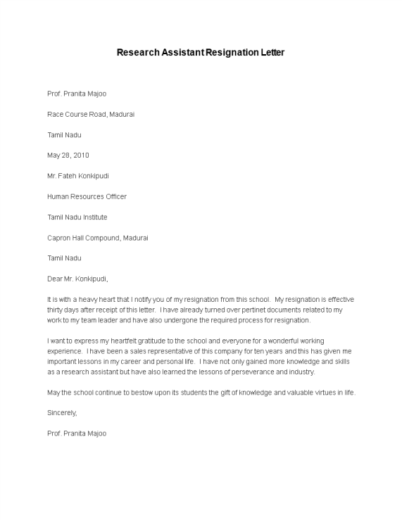 template preview imageResearch Assistant Resignation Letter