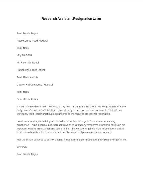 Research Assistant Resignation Letter gratis en premium templates