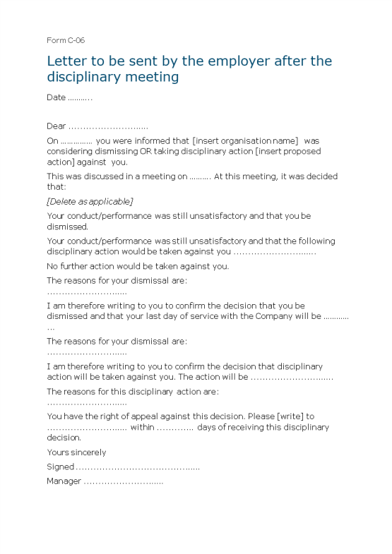 Letter of Employee Disciplinary Action Meeting gratis en premium templates