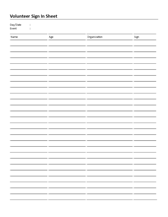 Volunteer Sign In Sheet gratis en premium templates