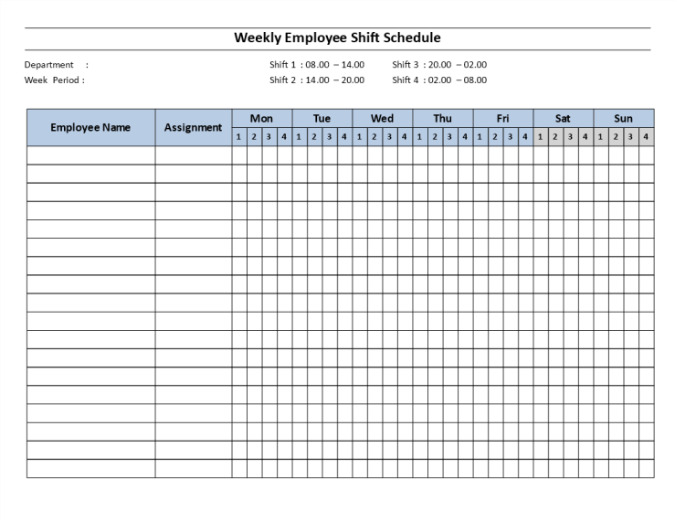 Weekly employee Shift ScheduleMon to Sun 4 Shifts gratis en premium templates