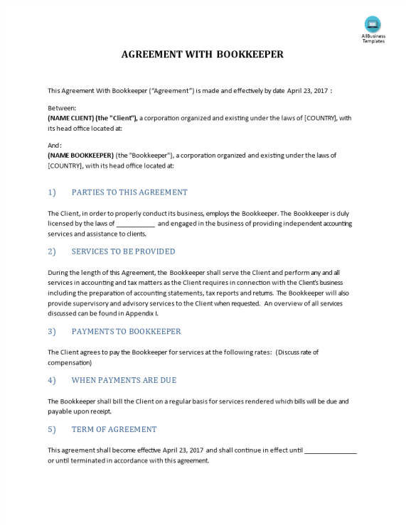 template topic preview image Agreement with Bookkeeper