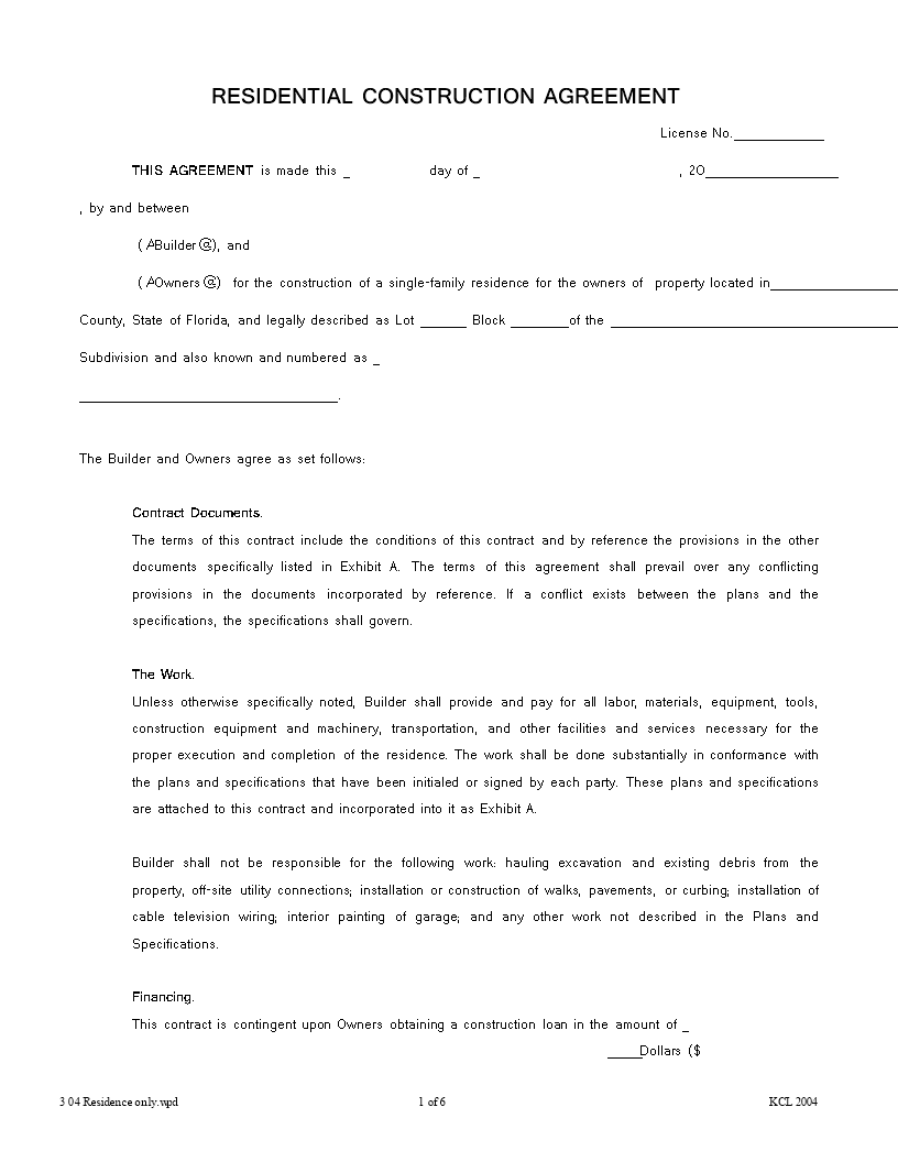 residential subcontractor agreement in word plantilla imagen principal