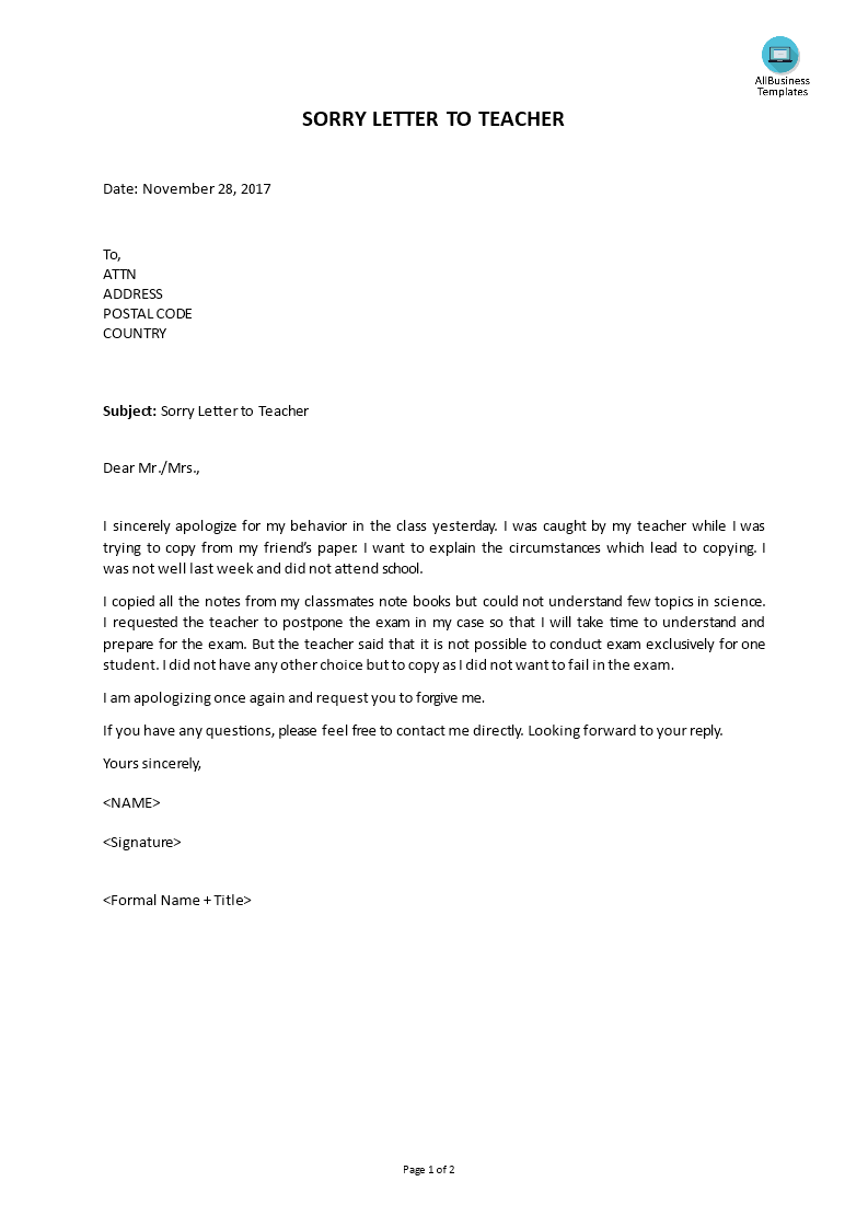 sorry letter to teacher Hauptschablonenbild