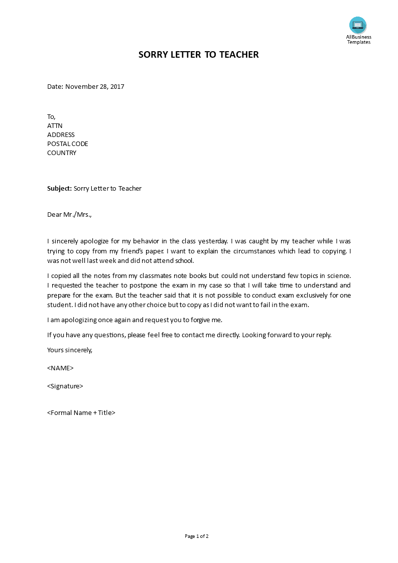 sorry letter to teacher template