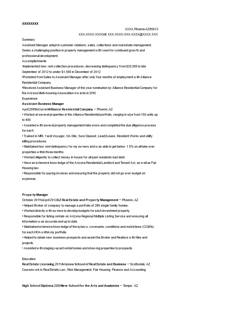 assistant business manager resume plantilla imagen principal