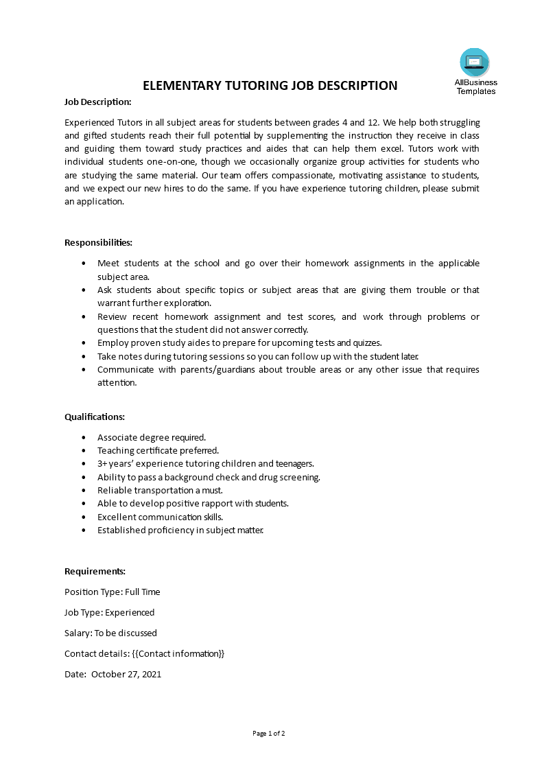 elementary tutoring job description template