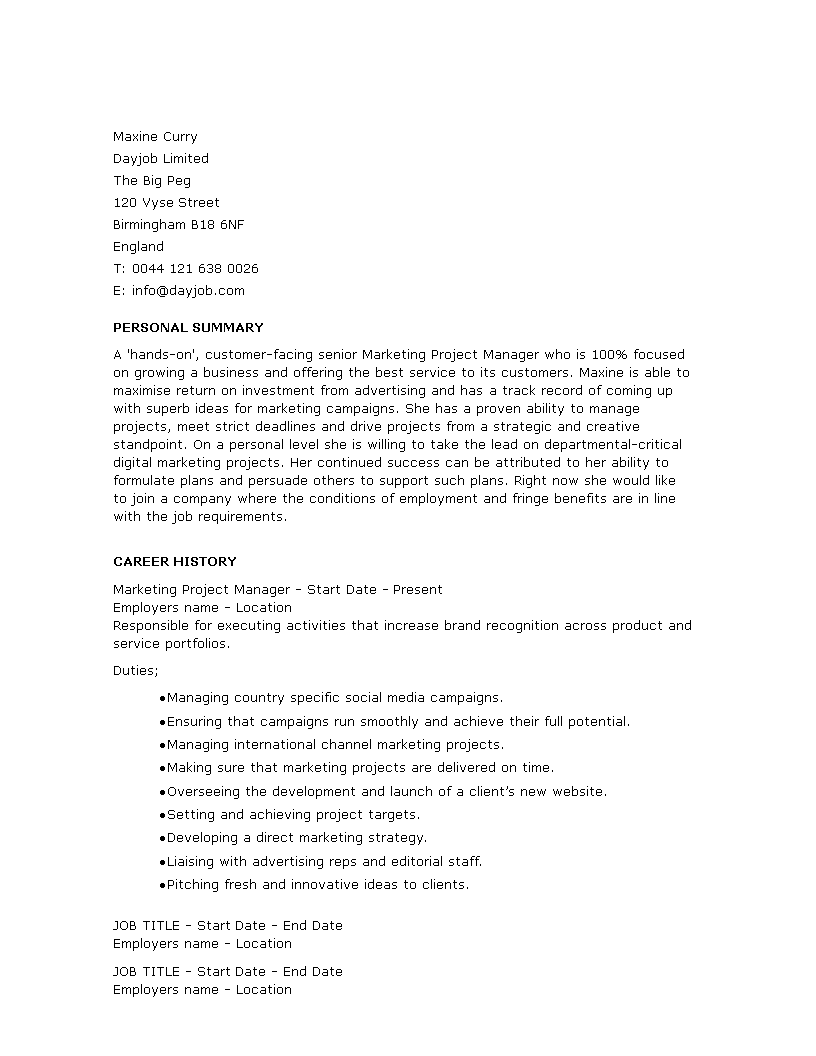 marketing project manager resume modèles