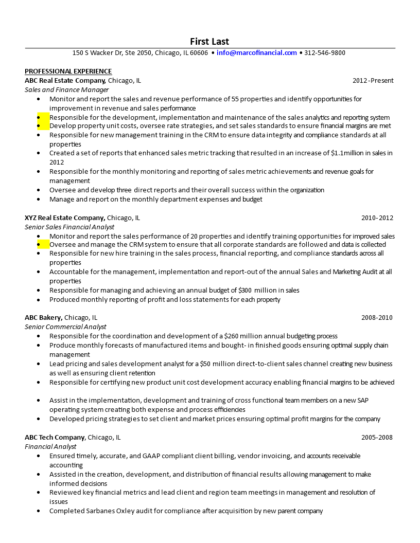 finance manager resume sample template