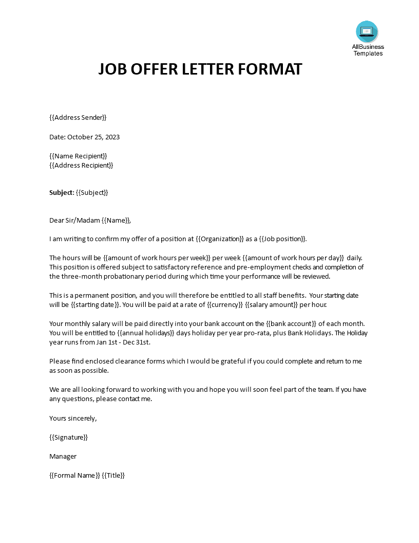 Job Offer Letter Format 模板