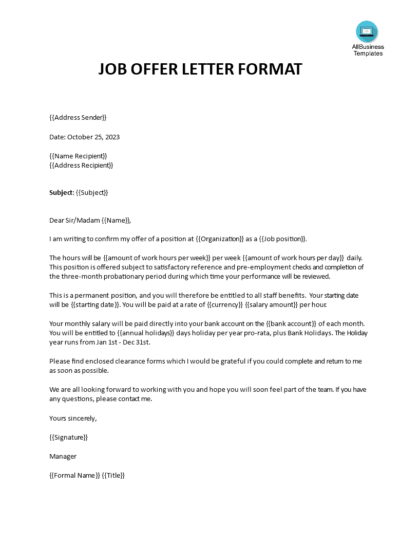 job offer letter format template