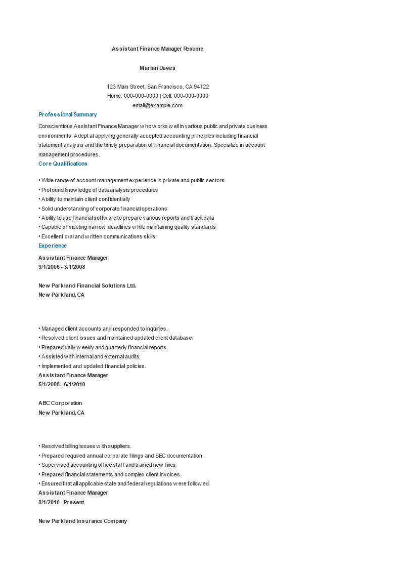 Assistant Finance Manager Resume Sample 模板