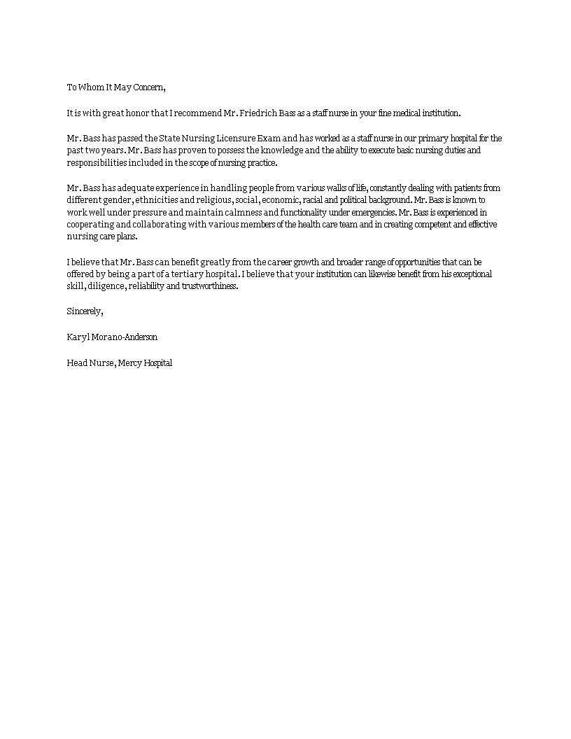 nursing recommendation letter modèles