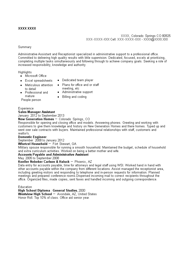 sales manager assistant curriculum vitae template