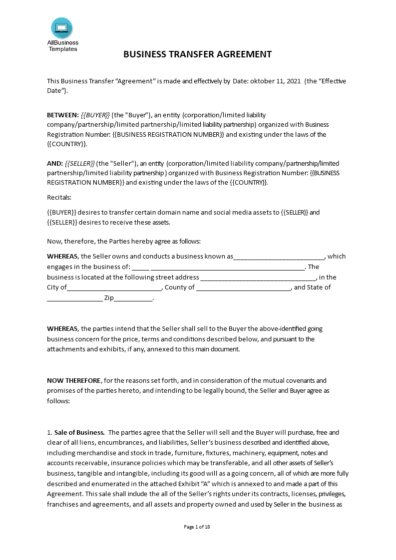 business transfer agreement template