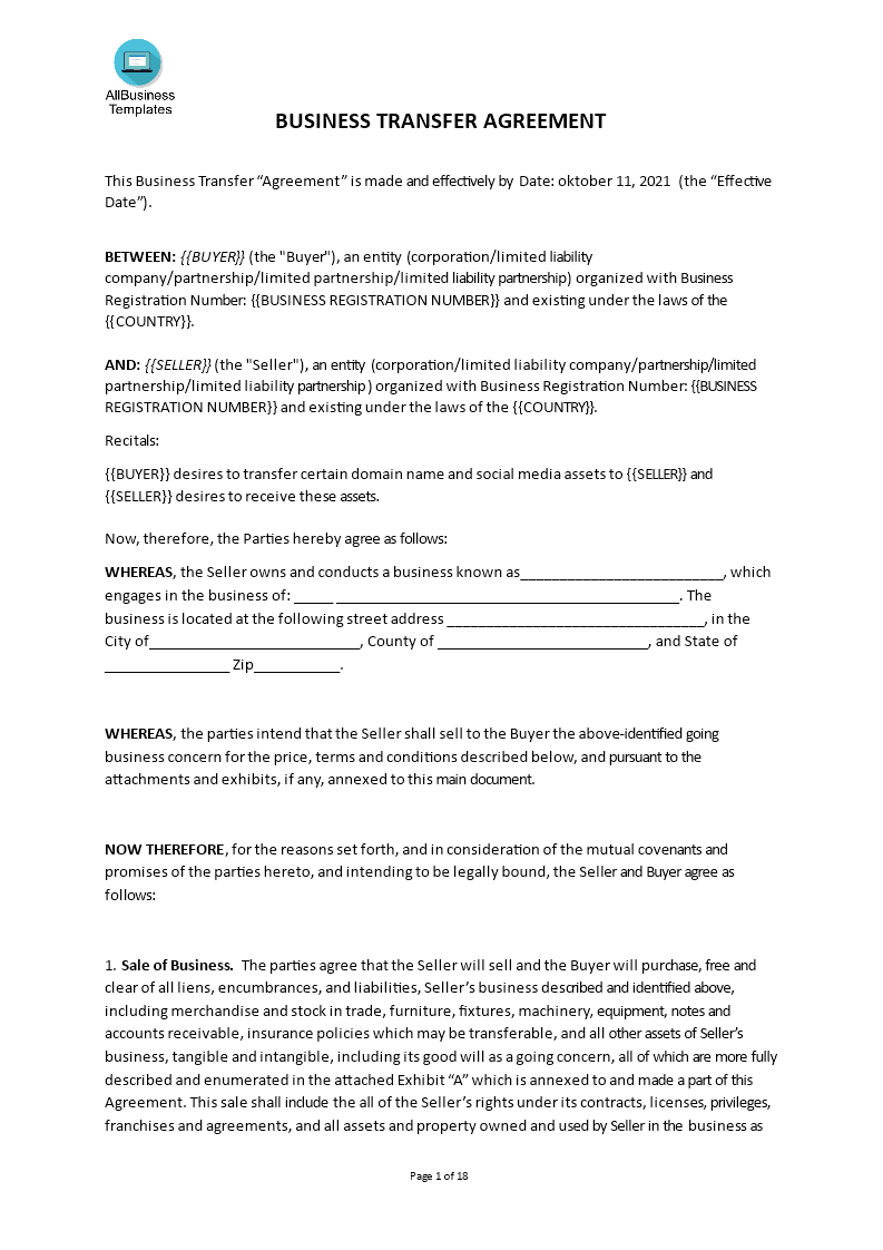 business transfer agreement modèles