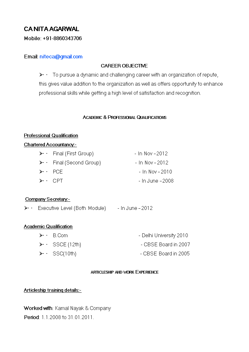 fresher professional resume template
