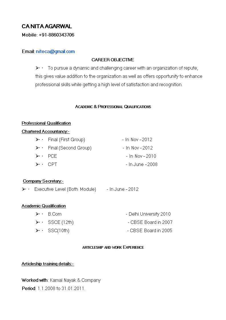 Fresher Professional Resume main image