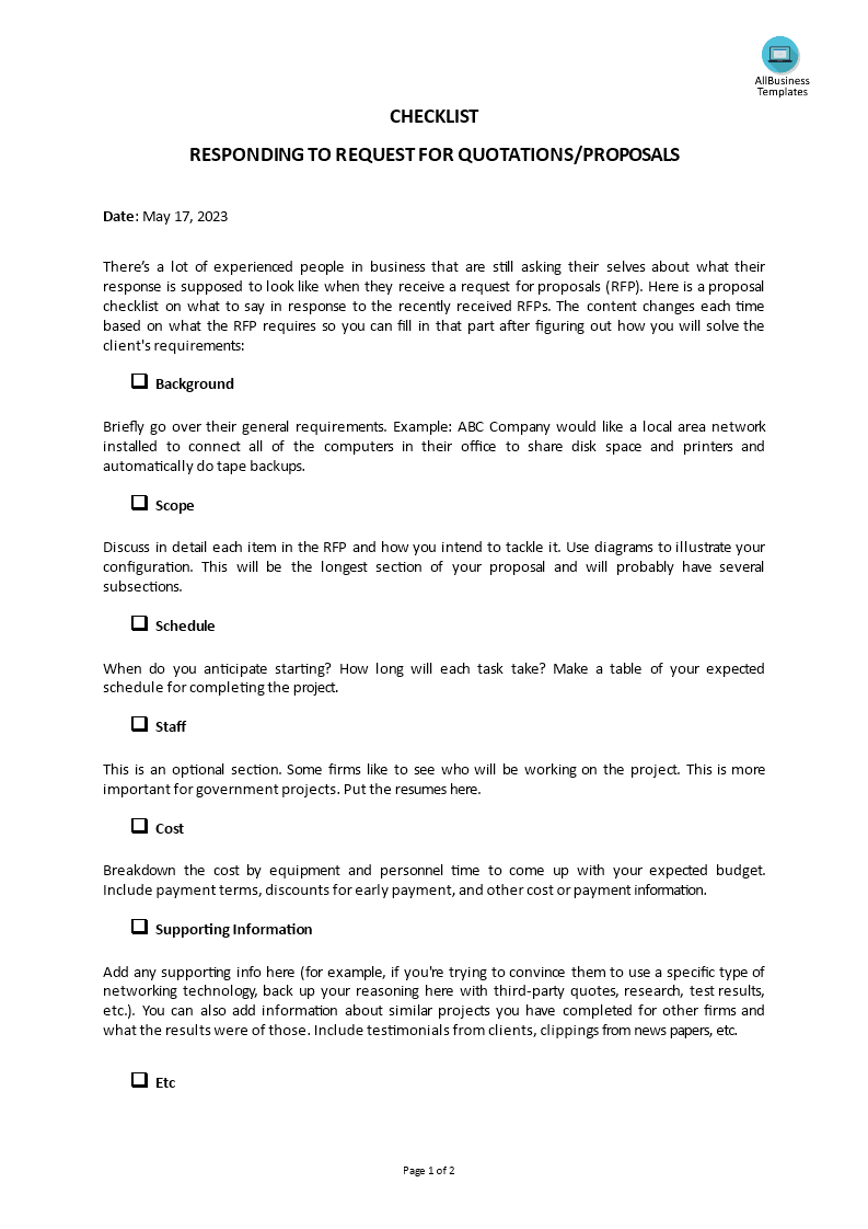 rfp response checklist Hauptschablonenbild