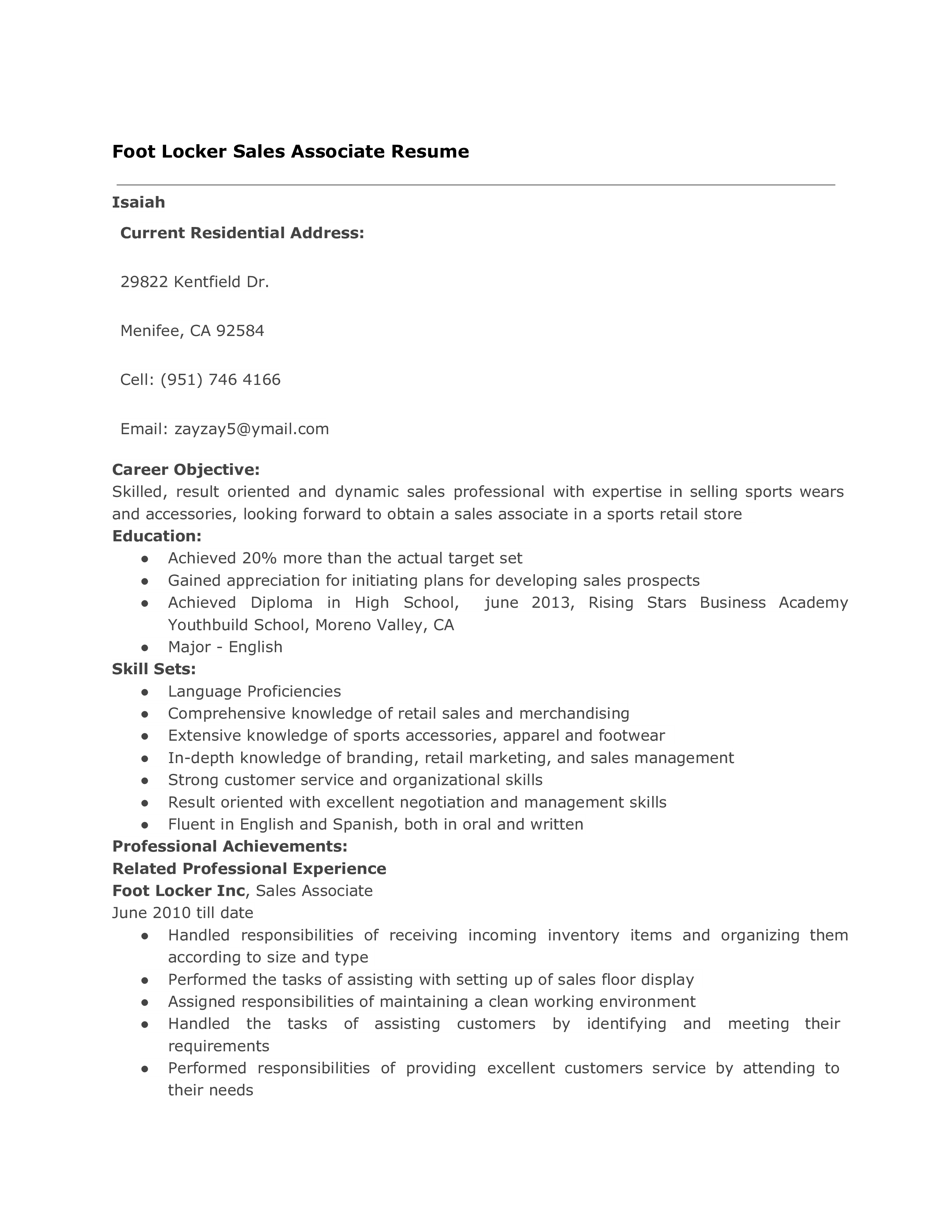 Foot Locker Sales Associate Resume main image
