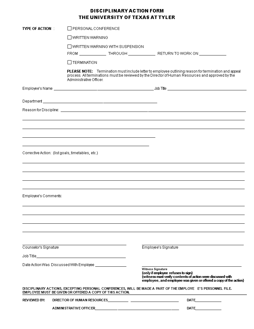 免费Sample Disciplinary Action Form | 样本文件在Allbusinesstemplates.com
