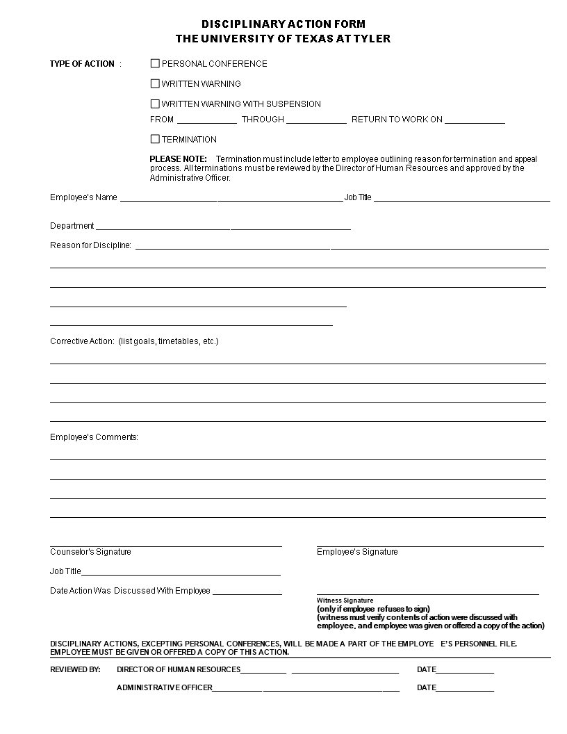 sample disciplinary action form template