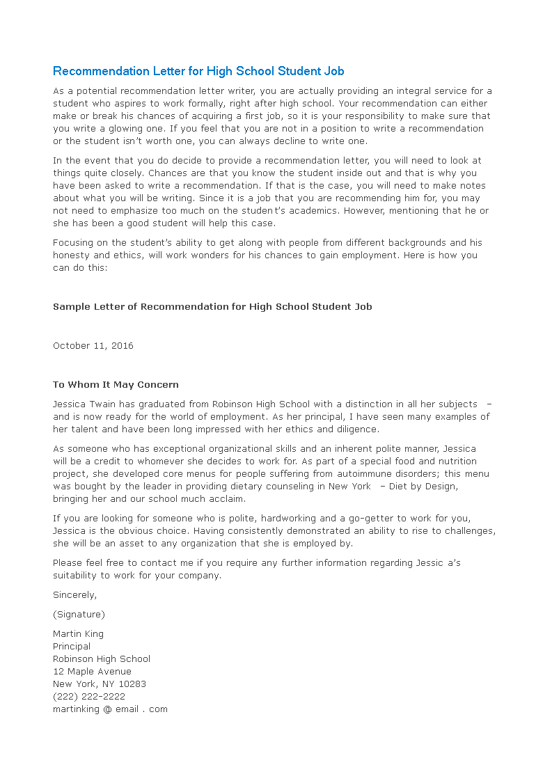 letter of recommendation for high school student for a job voorbeeld afbeelding 